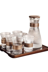 BAVARY Collection Bamboo Lines – 7-delige Glazen Set met Karaf met Houten Deksel