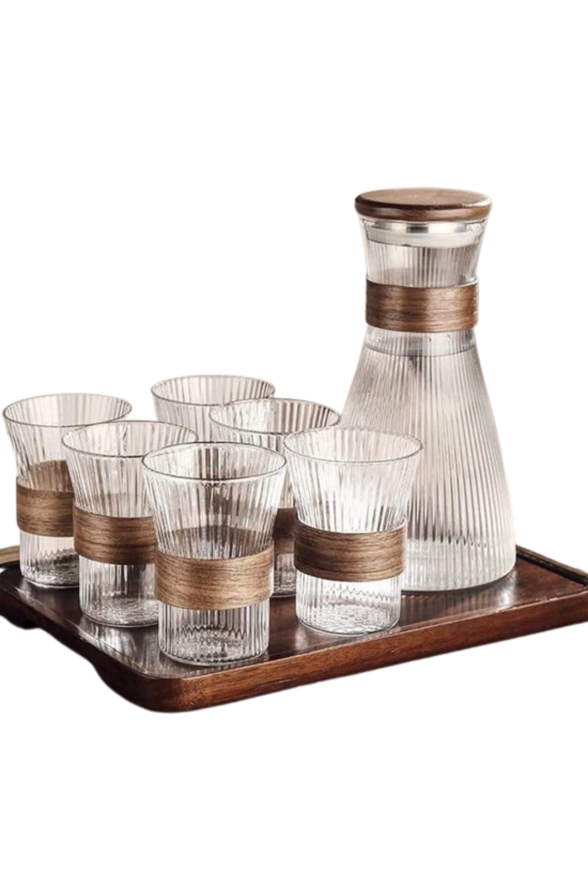 BAVARY Collection Bamboo Lines – 7-delige Glazen Set met Karaf met Houten Deksel