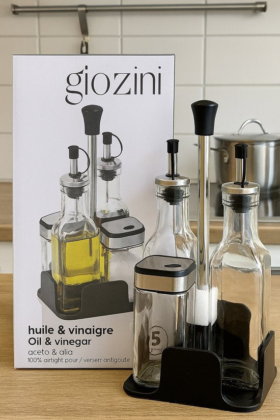 Glozini Glazen Olie- en Azijn Dispenser Set met Kruidenpotjes