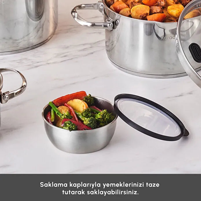 Karaca Burgaz 8-delige opvouwbare roestvrijstalen kookset met handgrepen en inductiebodem